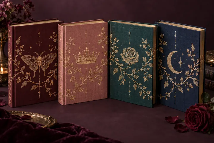 Four coordinated clothbound editions in burgundy, rose, teal, and navy, with gold botanical motifs